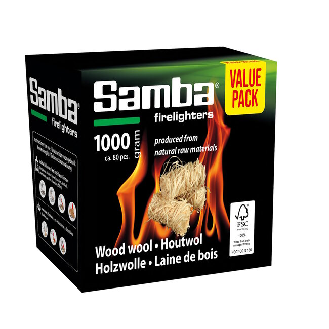 Samba Aanmaakkrullen - houtwol met plantaardige was - snel aansteken - 1 kg - natuurkleur - 80 stuks - barbecue en haard