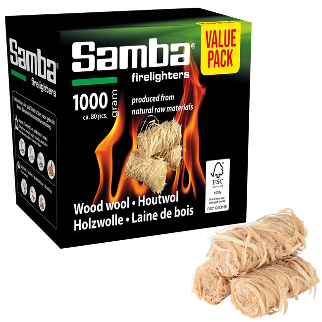 Samba Aanmaakkrullen - houtwol met plantaardige was - snel aansteken - 1 kg - natuurkleur - 80 stuks - barbecue en haard