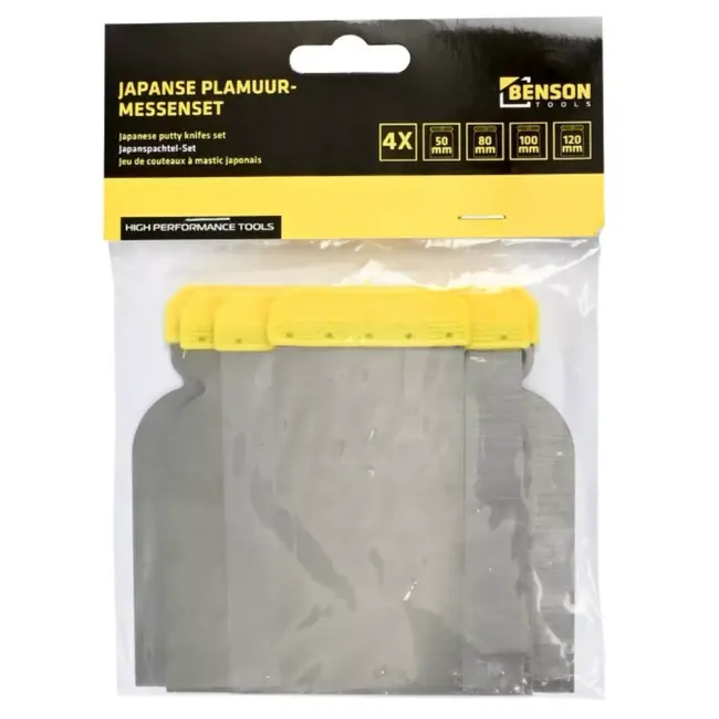 Benson Vierdelige plamuurmessenset - flexibel verenbandstaal - oplosmiddelbestendige greep - 50-120 mm