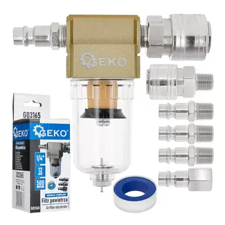 GEKO Luchtfilter voor compressor 1/4 inch met transparante opvangbak en aansluitstukken