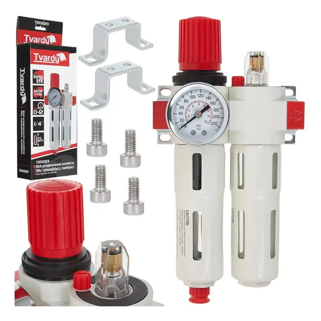 Tvardy Filter regelaar olievernevelaar 1/4 inch met manometer drukbereik 0-12 bar en montagemateriaal