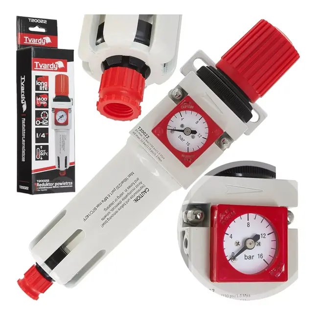 Tvardy Filter en drukregelaar 1/4 inch met manometer en drukinstelling 0-12 bar voor compressor