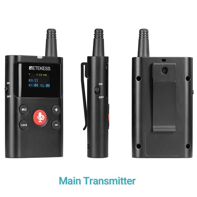 Retekess Draadloze rondleidingszender hoofdzender - 12 kanalen, 250 meter bereik, zwart, dempknop, tot 70 uur