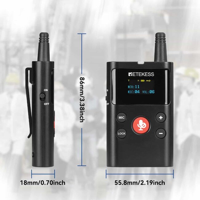 Retekess Draadloze rondleidingszender hoofdzender - 12 kanalen, 250 meter bereik, zwart, dempknop, tot 70 uur