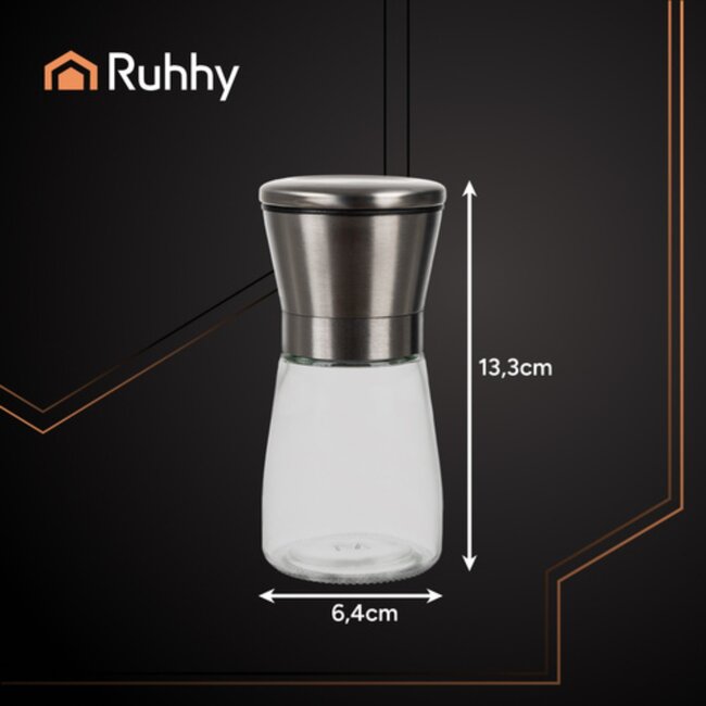 Ruhhy Handmolen set 2 stuks zout en peper navulbaar glas en roestvrij staal verstelbare maalstand