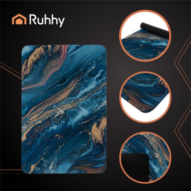Ruhhy Badmat 80x50 cm marmer design blauw goud antislip en snel drogend comfortabel en stijlvol