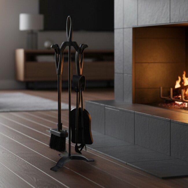 Kaminer Haardset 4 delig met standaard pook tang schep en borstel zwart metalen haardaccessoires