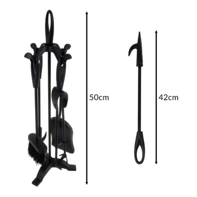 Kaminer Haardset 4 delig met standaard pook tang schep en borstel zwart metalen haardaccessoires