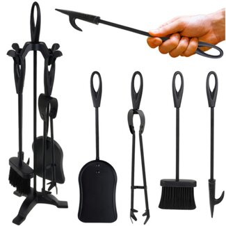 Kaminer Haardset 4 delig met standaard pook tang schep en borstel zwart metalen haardaccessoires