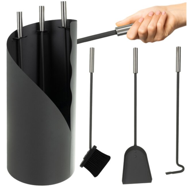 Kaminer Moderne haardset 4 delig met houder zwart metaal en roestvrijstaal pook borstel schep tang