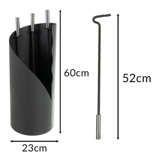 Kaminer Moderne haardset 4 delig met houder zwart metaal en roestvrijstaal pook borstel schep tang