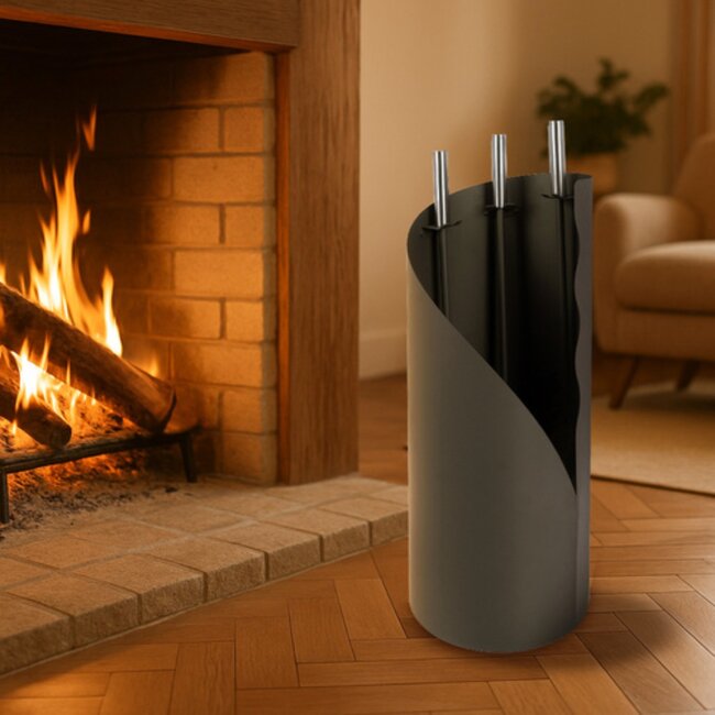 Kaminer Moderne haardset 4 delig met houder zwart metaal en roestvrijstaal pook borstel schep tang