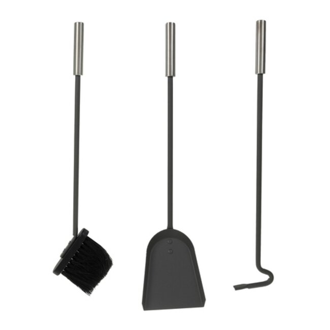 Kaminer Moderne haardset 4 delig met houder zwart metaal en roestvrijstaal pook borstel schep tang