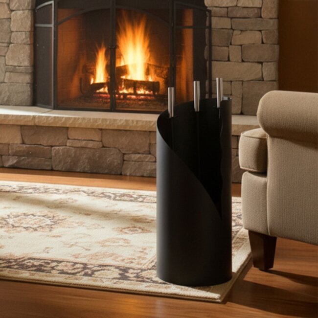 Kaminer Moderne haardset 4 delig met houder zwart metaal en roestvrijstaal pook borstel schep tang