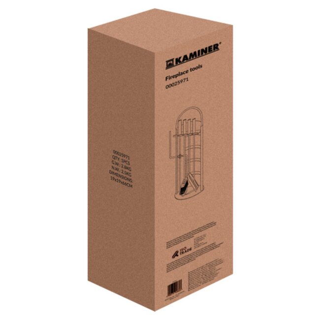 Kaminer Haardset 5 delig met standaard zwart metaal en roestvrijstaal pook tang schep en borstel