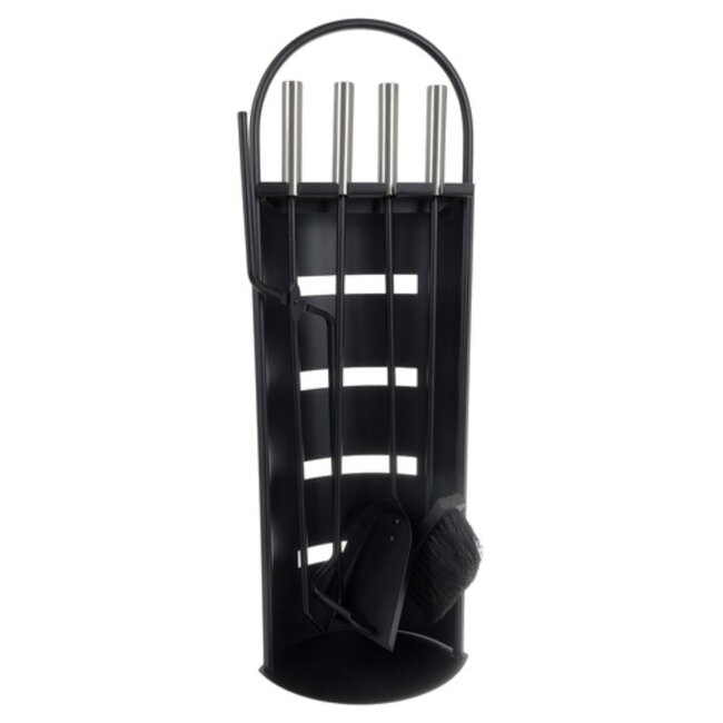 Kaminer Haardset 5 delig met standaard zwart metaal en roestvrijstaal pook tang schep en borstel