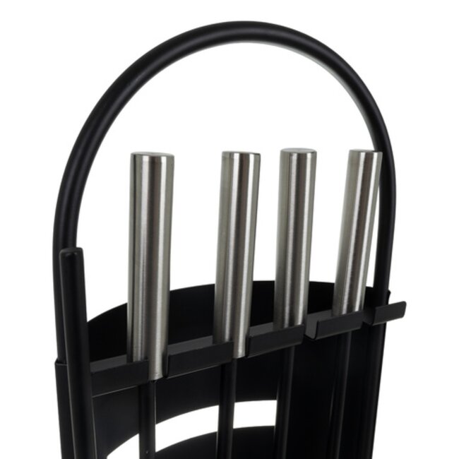 Kaminer Haardset 5 delig met standaard zwart metaal en roestvrijstaal pook tang schep en borstel