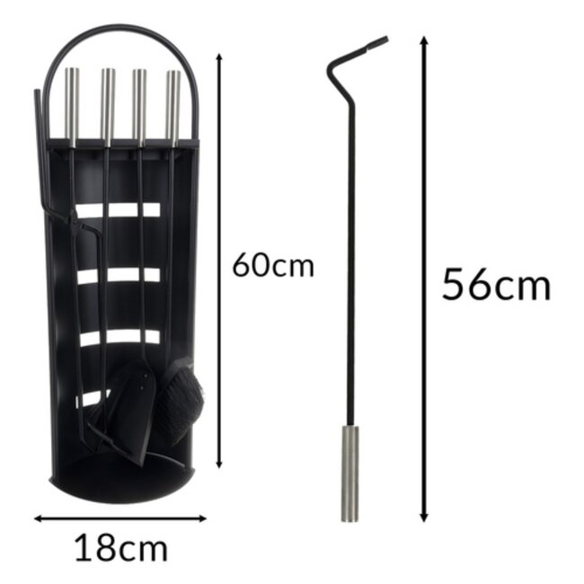 Kaminer Haardset 5 delig met standaard zwart metaal en roestvrijstaal pook tang schep en borstel