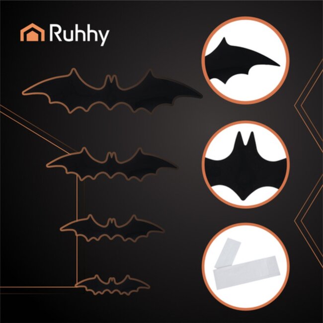 Ruhhy Vleermuis stickers 3D set van 56 stuks zwart Halloween muurdecoratie herbruikbaar