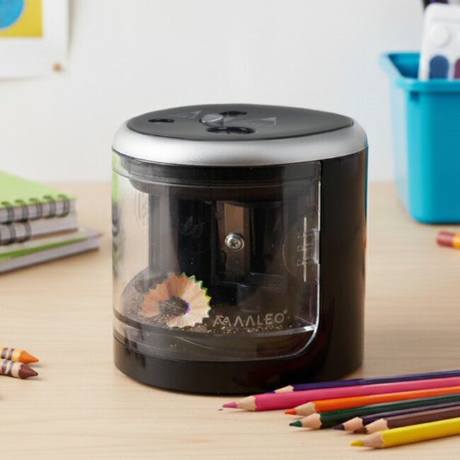 Maaleo Dubbele elektrische puntenslijper zwart zilver 7 x 7,5 cm met opvangbak voor standaard en dikke potloden van 6 - 12 mm