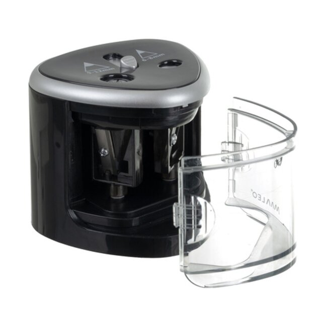 Maaleo Dubbele elektrische puntenslijper zwart zilver 7 x 7,5 cm met opvangbak voor standaard en dikke potloden van 6 - 12 mm