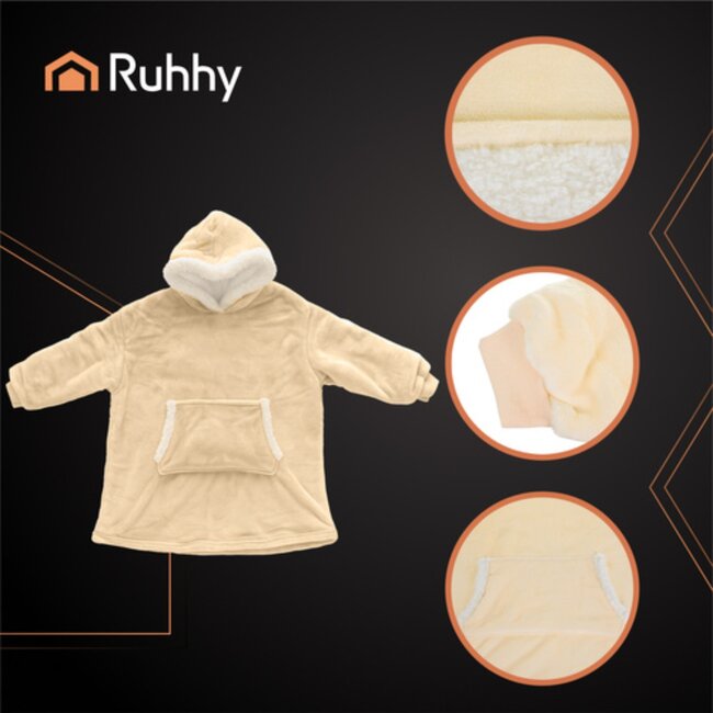 Ruhhy Oversized hoodie deken XXL beige fleece met capuchon en kangoeroezak warm en comfortabel