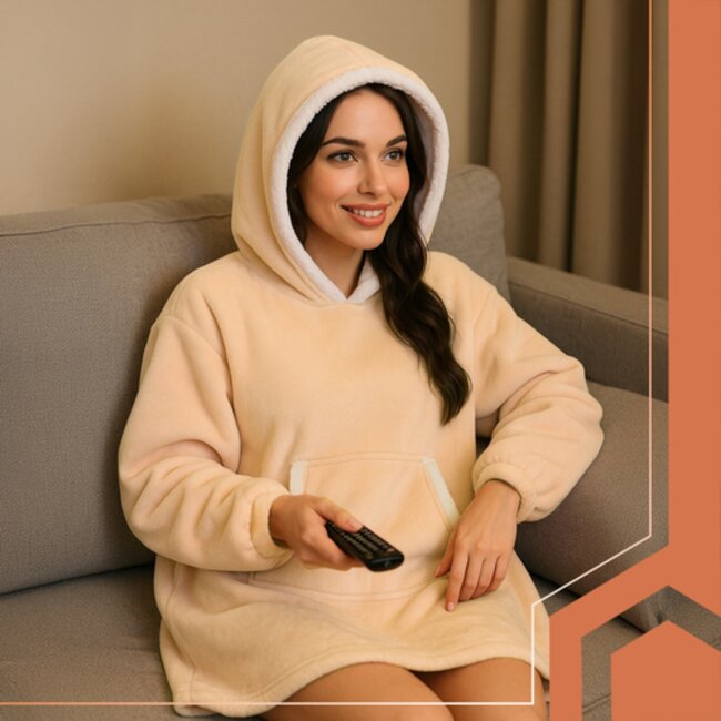 Ruhhy Oversized hoodie deken XXL beige fleece met capuchon en kangoeroezak warm en comfortabel
