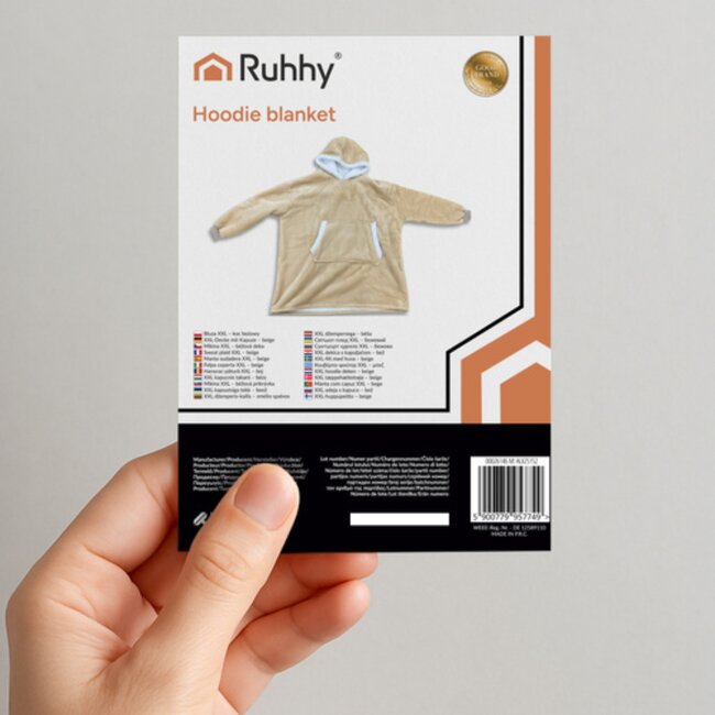 Ruhhy Oversized hoodie deken XXL beige fleece met capuchon en kangoeroezak warm en comfortabel