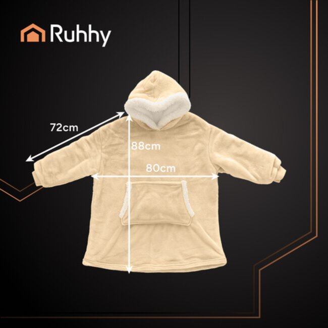 Ruhhy Oversized hoodie deken XXL beige fleece met capuchon en kangoeroezak warm en comfortabel