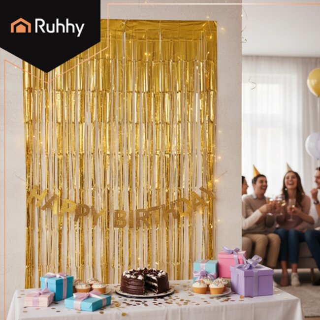 Ruhhy Gouden decoratief gordijn 2x1m met zelfklevende strip feestdecoratie voor foto achtergrond of deur