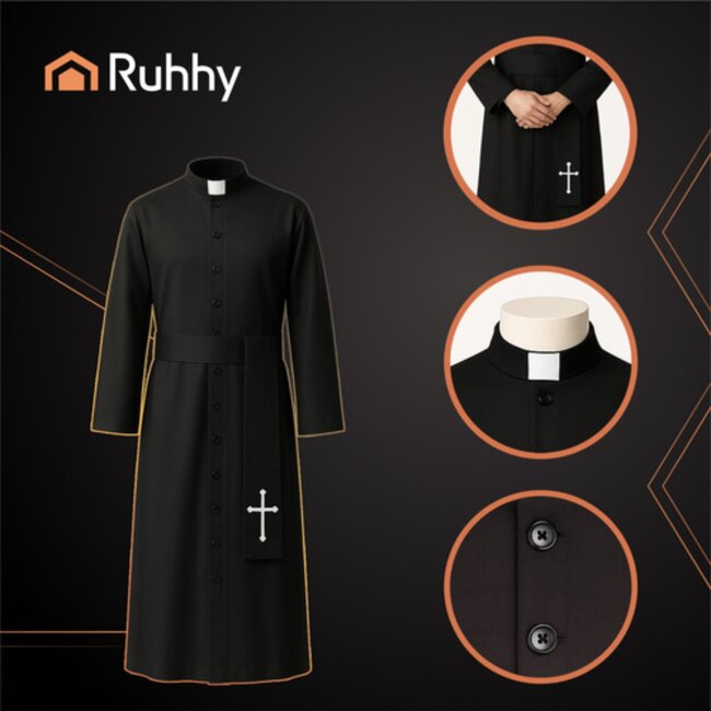 Ruhhy Priester kostuum zwart gewaad met boord en kruisdetail inclusief ceintuur voor Halloween en carnaval