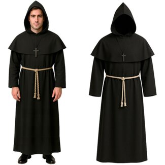 Ruhhy Monnik kostuum zwart gewaad met capuchon koordceintuur en kruis accessoire voor Halloween en carnaval