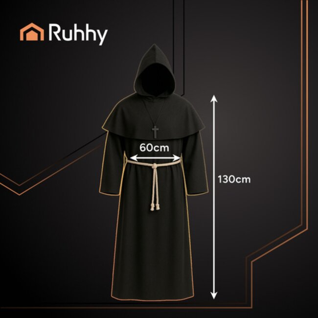 Ruhhy Monnik kostuum zwart gewaad met capuchon koordceintuur en kruis accessoire voor Halloween en carnaval