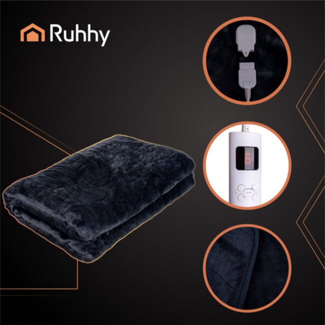Ruhhy Elektrische deken mat 180x130 cm fleece met timer digitaal display en meerdere warmtestanden