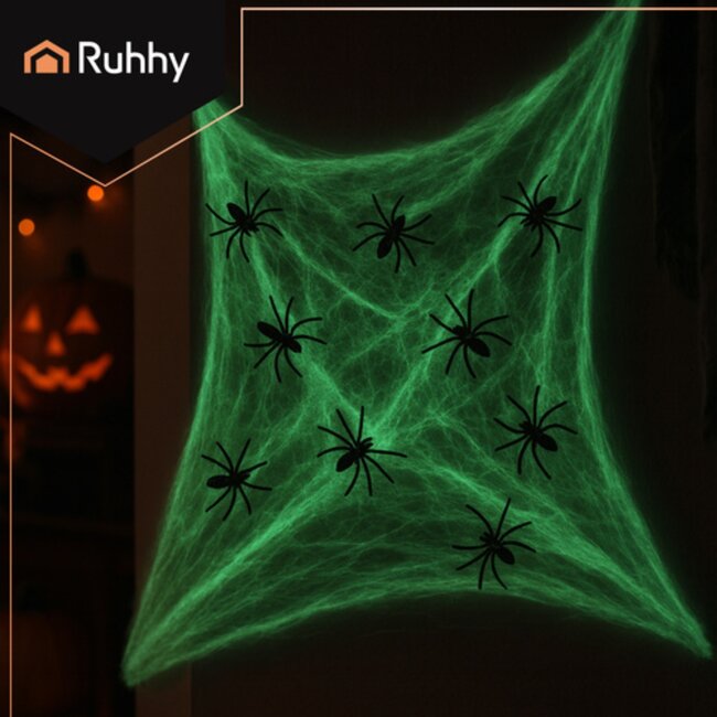 Ruhhy Glow in the dark spinnenweb met nepspinnen Halloween decoratie voor binnen en buiten herbruikbaar