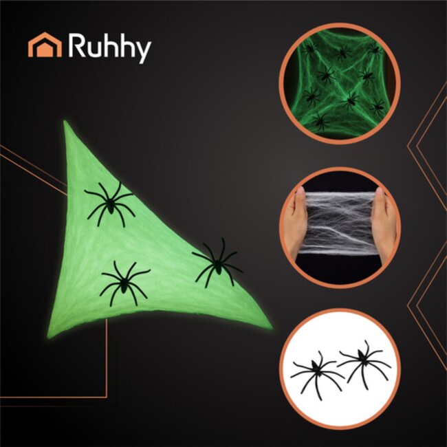 Ruhhy Glow in the dark spinnenweb met nepspinnen Halloween decoratie voor binnen en buiten herbruikbaar