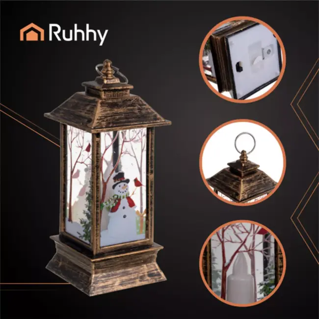 Ruhhy Koperen LED kerstlantaarn met sneeuwpopmotief en warm licht 12,5 cm