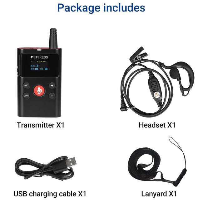 Retekess Draadloze rondleidingszender - kunststof - 12 kanalen, dempfunctie, bereik 250 m - zwart - tweerichtingscommunicatie