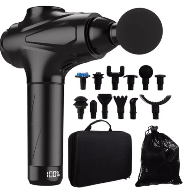 Isomedix massage gun zwart – 30 intensiteitsniveaus met 12 opzetstukken en draagkoffer