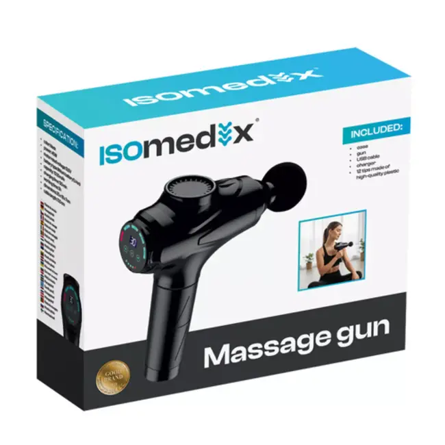 Isomedix massage gun zwart – 30 intensiteitsniveaus met 12 opzetstukken en draagkoffer