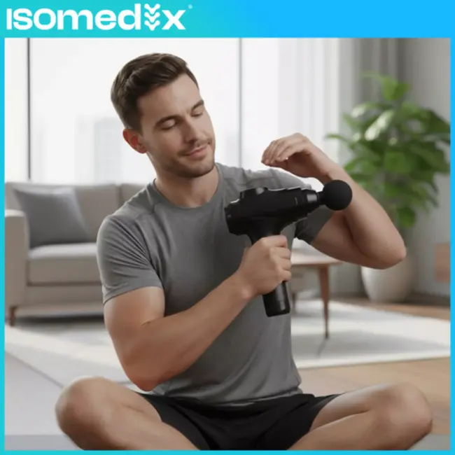Isomedix massage gun zwart – 30 intensiteitsniveaus met 12 opzetstukken en draagkoffer