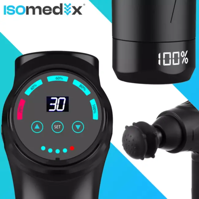 Isomedix massage gun zwart – 30 intensiteitsniveaus met 12 opzetstukken en draagkoffer