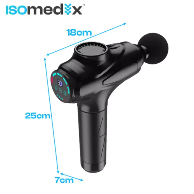 Isomedix massage gun zwart – 30 intensiteitsniveaus met 12 opzetstukken en draagkoffer