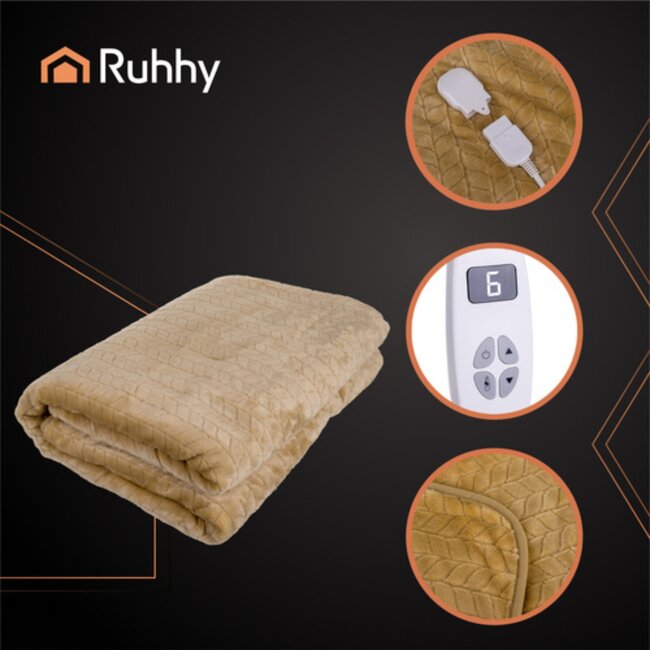 Ruhhy Elektrische deken 180x130 cm beige fleece met digitaal display timer en meerdere warmtestanden