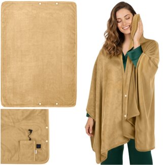 Ruhhy Verwarmde fleece deken beige met USB aansluiting knopen en draagfunctie als omslagdoek of plaid