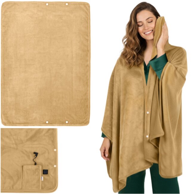 Ruhhy Verwarmde fleece deken beige met USB aansluiting knopen en draagfunctie als omslagdoek of plaid