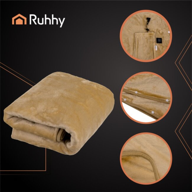 Ruhhy Verwarmde fleece deken beige met USB aansluiting knopen en draagfunctie als omslagdoek of plaid