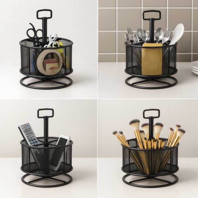 Maaleo bureau organizer met 360° draaibare basis en vakken – metalen pennenhouder zwart