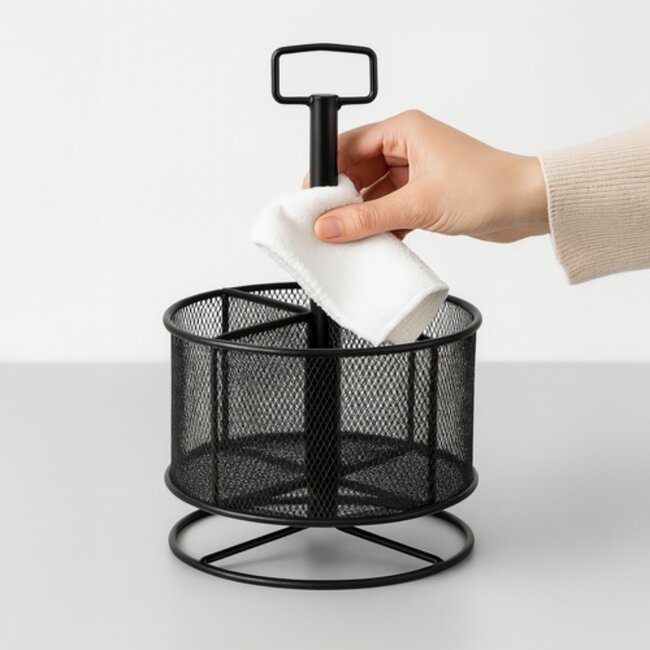 Maaleo bureau organizer met 360° draaibare basis en vakken – metalen pennenhouder zwart