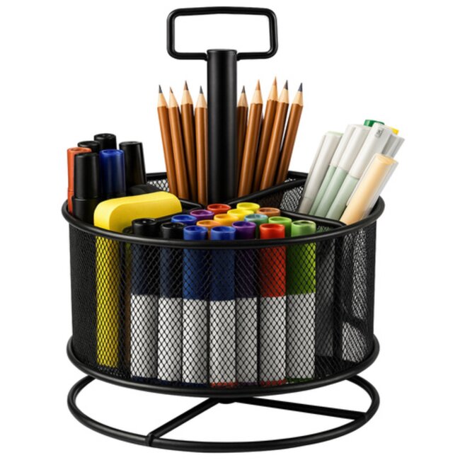 Maaleo bureau organizer met 360° draaibare basis en vakken – metalen pennenhouder zwart